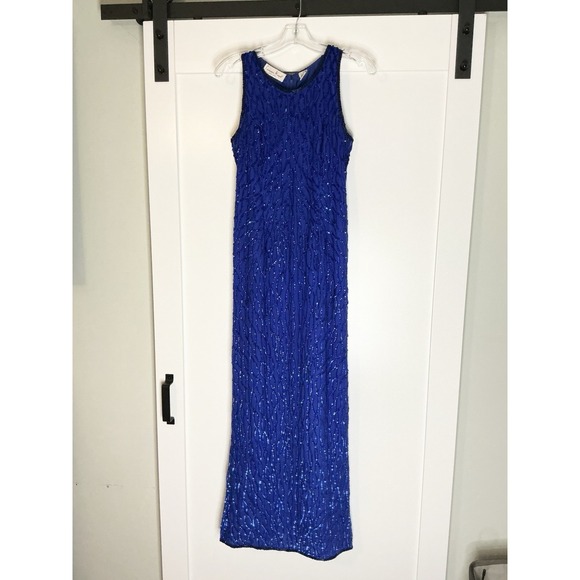 VTG Lawrence Kazar Dress Royal Blue 100% Silk Sequined Evening Formal Gown HOCO - Picture 1 of 9